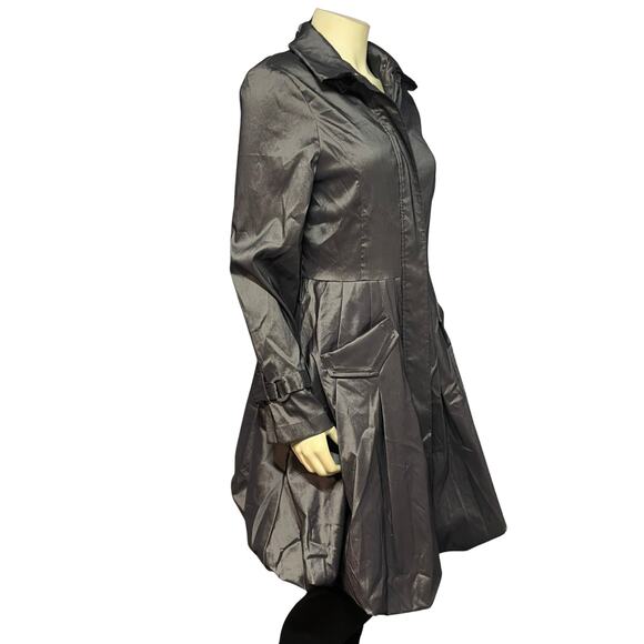 Vtg 90s Joseph Ribkoff Sz 10 Trench Coat Bubble Hem Gray Satin Glam Statement - Picture 3 of 16